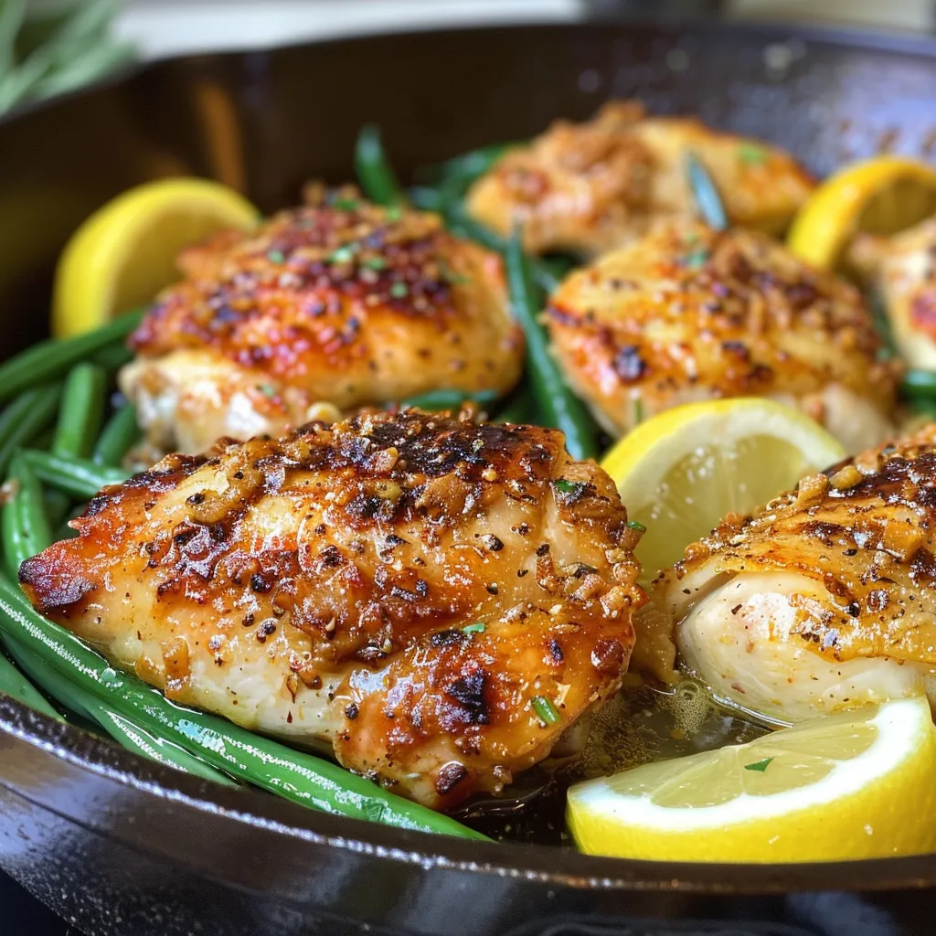 A vibrant skillet meal featuring chicken, green beans, and a buttery garlic sauce.
