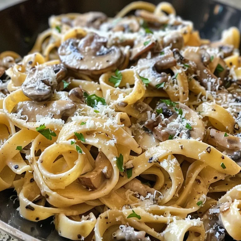 Juicy garlic mushroom pasta dish with a creamy texture and visible garlic and mushroom pieces.