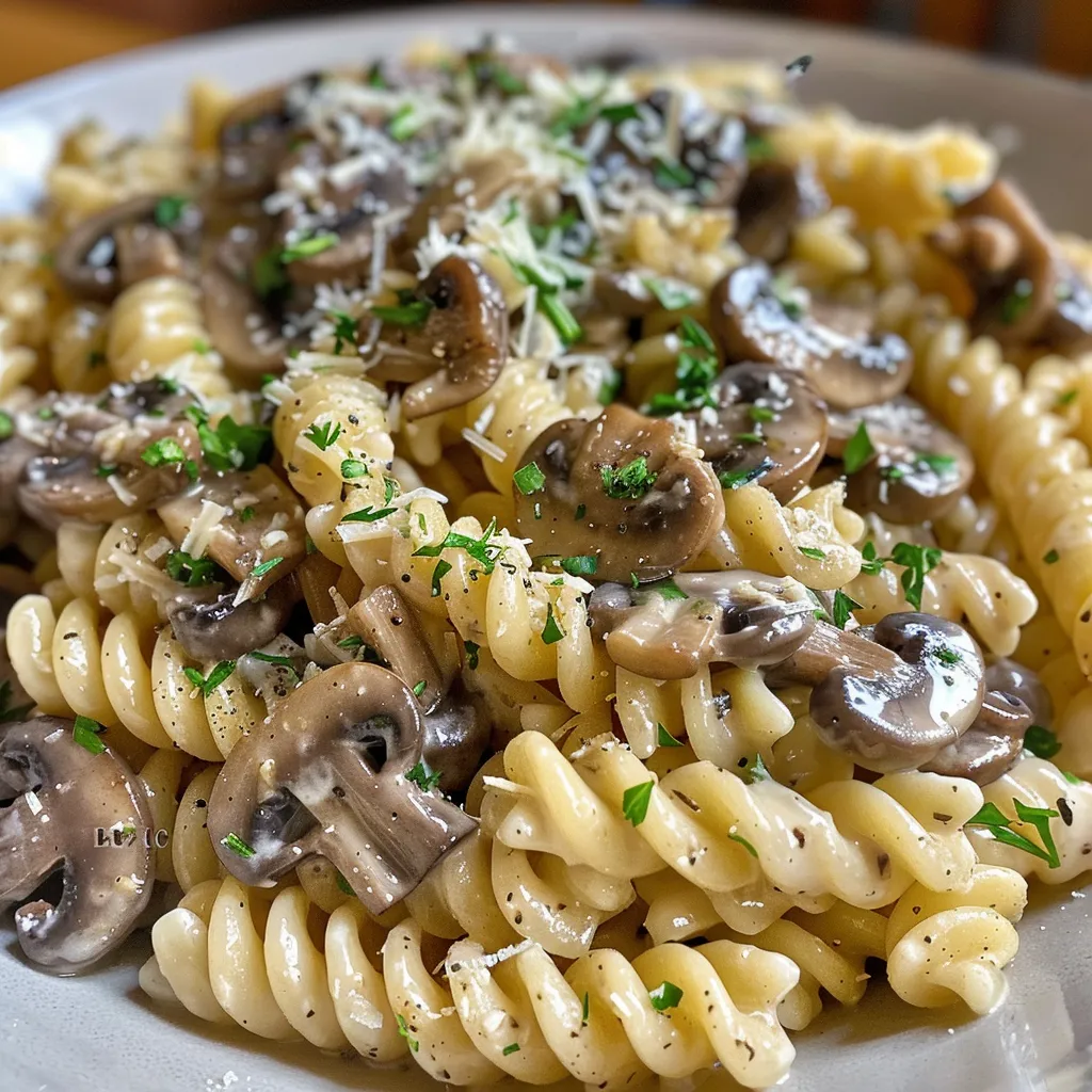 Appetizing plate of garlic mushroom pasta showcasing a rich sauce and garnished with parsley.
