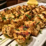Deliciously grilled chicken skewers with a golden garlic Parmesan coating.