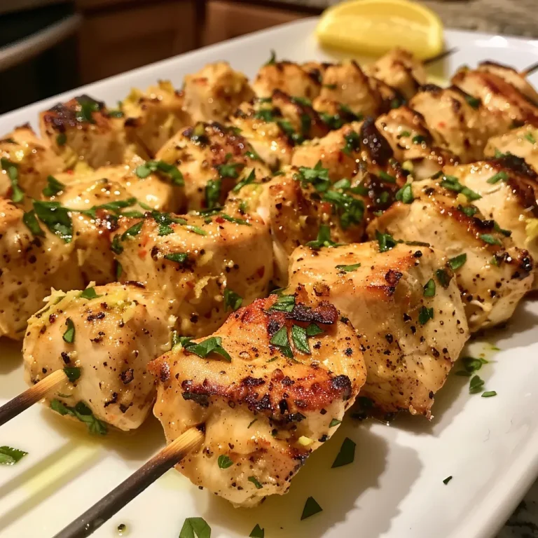 Deliciously grilled chicken skewers with a golden garlic Parmesan coating.