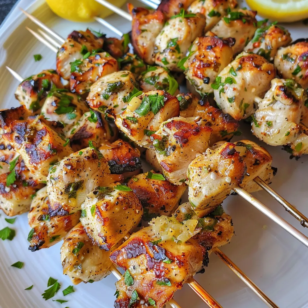Juicy chicken pieces on skewers, drizzled with olive oil and spices.