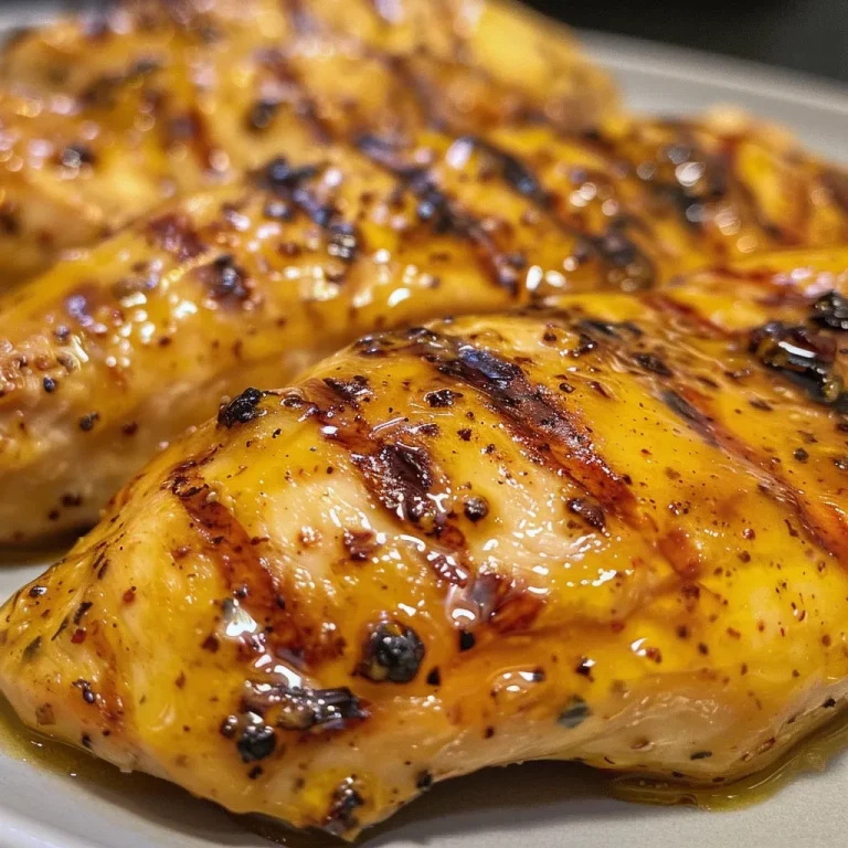 Side view of grilled chicken breasts with a golden honey mustard glaze.
