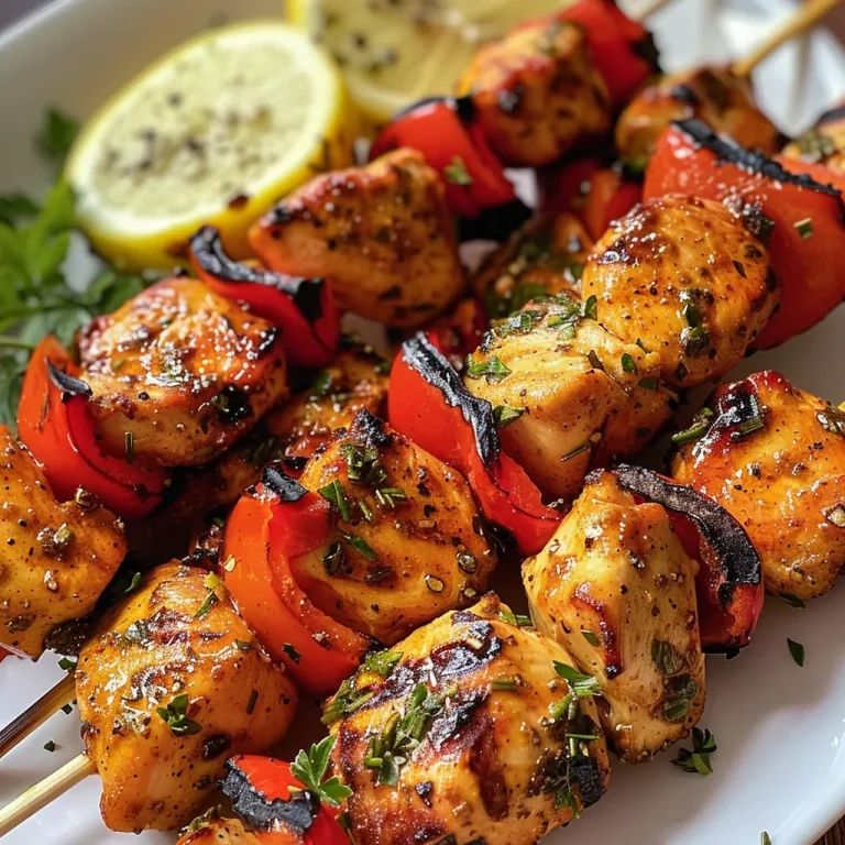 Side view of sizzling paprika chicken skewers on wooden sticks.