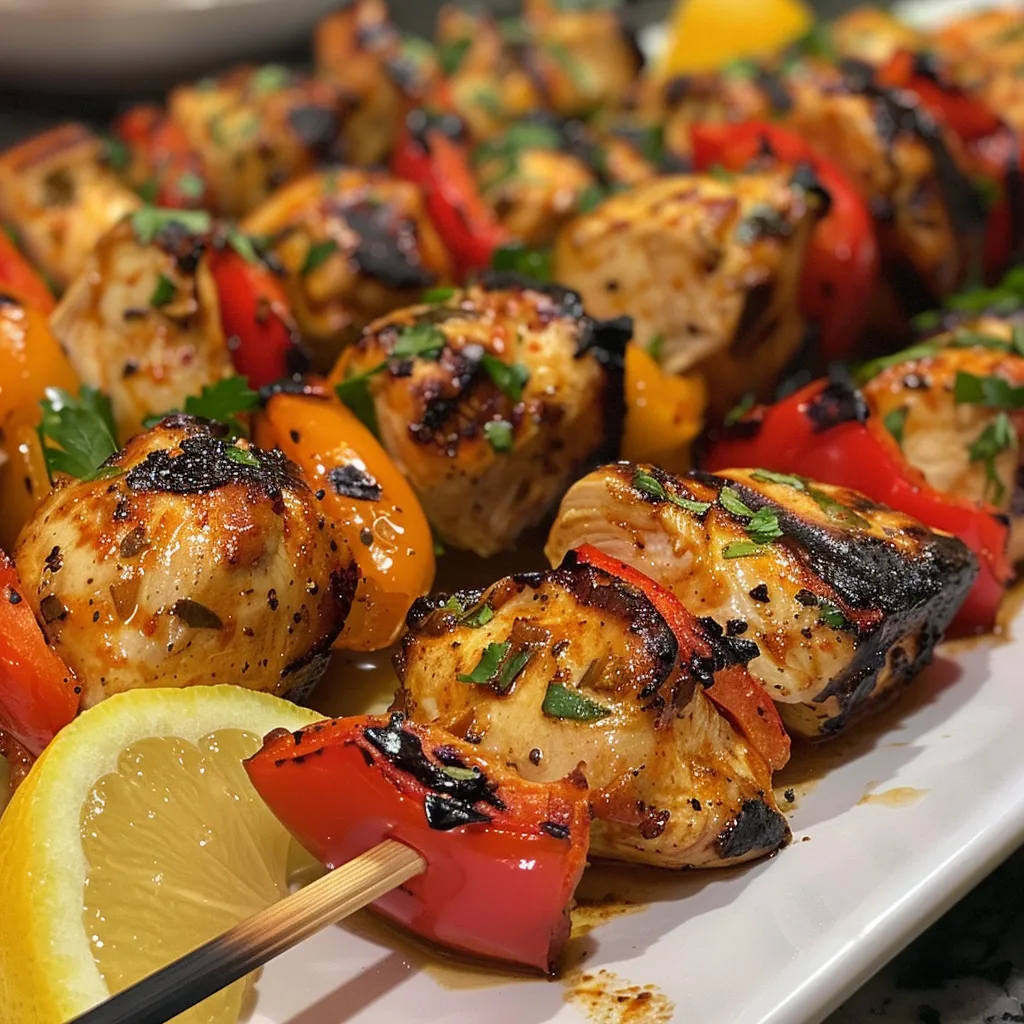 Freshly grilled chicken skewers garnished with lemon wedges.