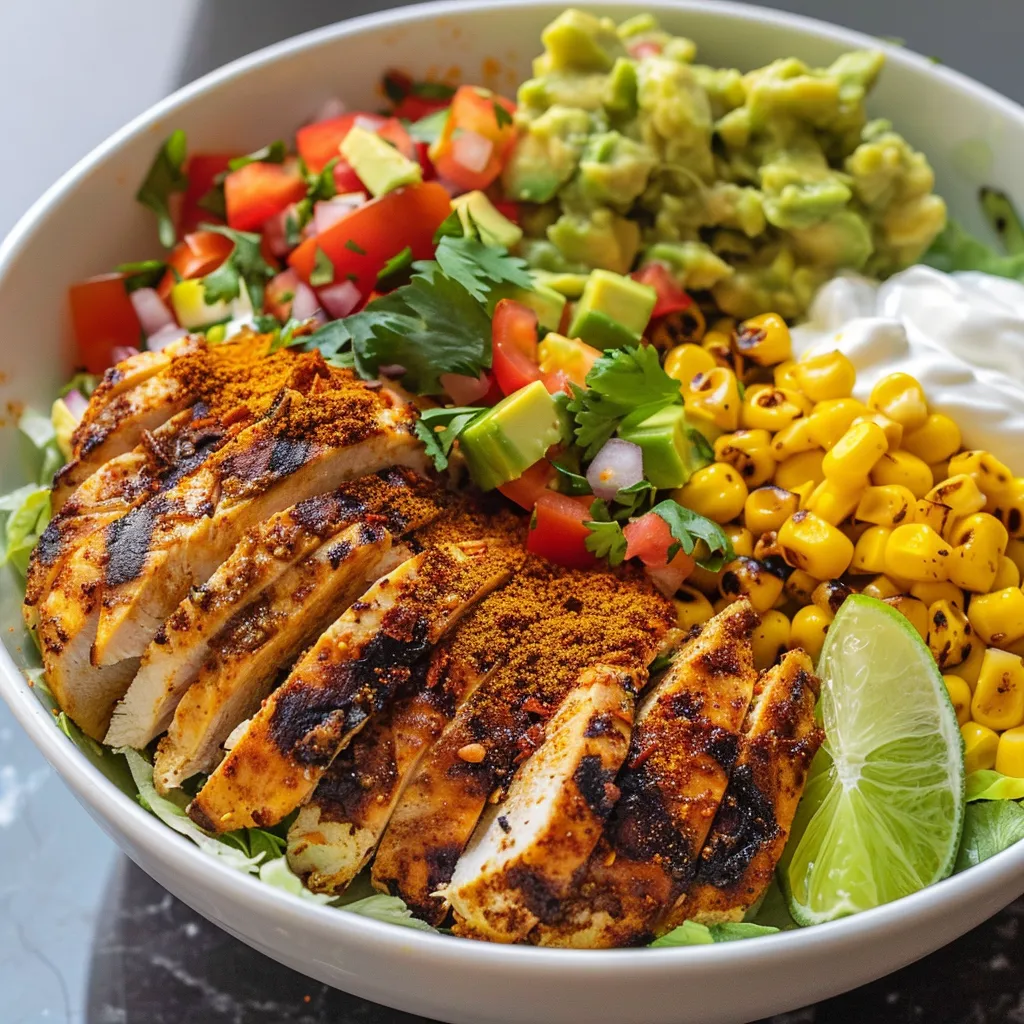 Detailed shot of a nutritious chicken taco bowl with juicy chicken, rice, and fresh toppings.
