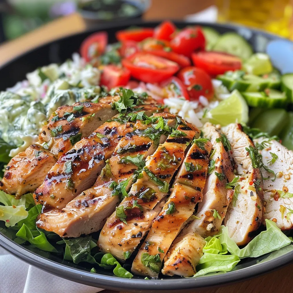 Freshly prepared Healthy Greek Chicken Bowl with a mix of romaine lettuce, cherry tomatoes, and feta.