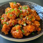 Bite-sized chicken pieces coated in cornstarch and glistening with a spicy glaze, topped with sesame seeds and chopped green onions.