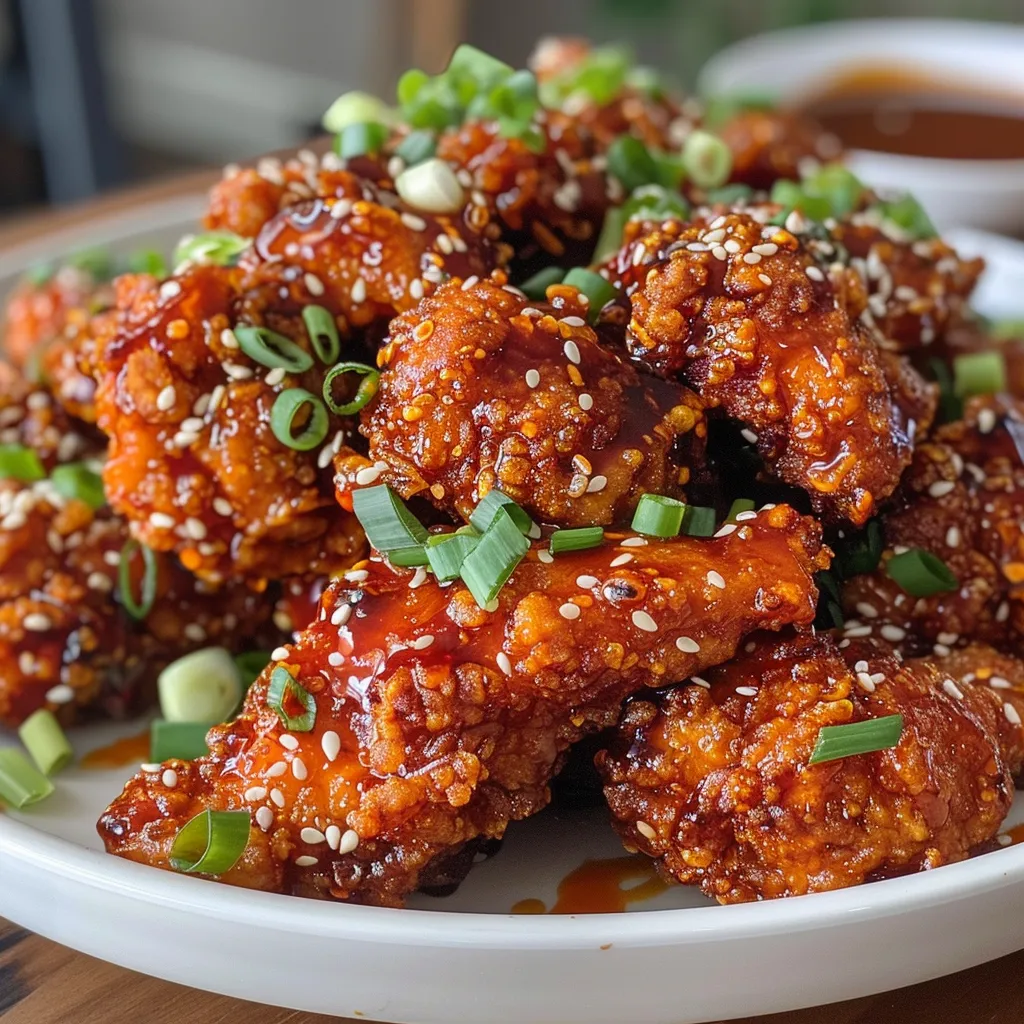 Crispy fried chicken pieces arranged on a plate with a rich gochujang glaze and garnishes of green onions and sesame seeds.