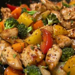 Side view of a delicious homemade chicken stir fry highlighting fresh ingredients and rich colors.