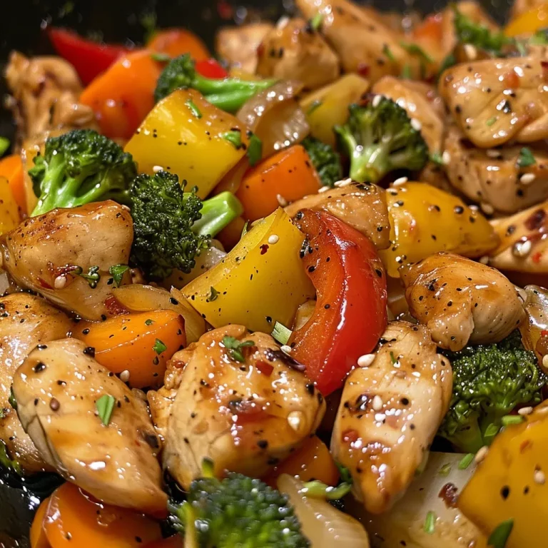 Side view of a delicious homemade chicken stir fry highlighting fresh ingredients and rich colors.