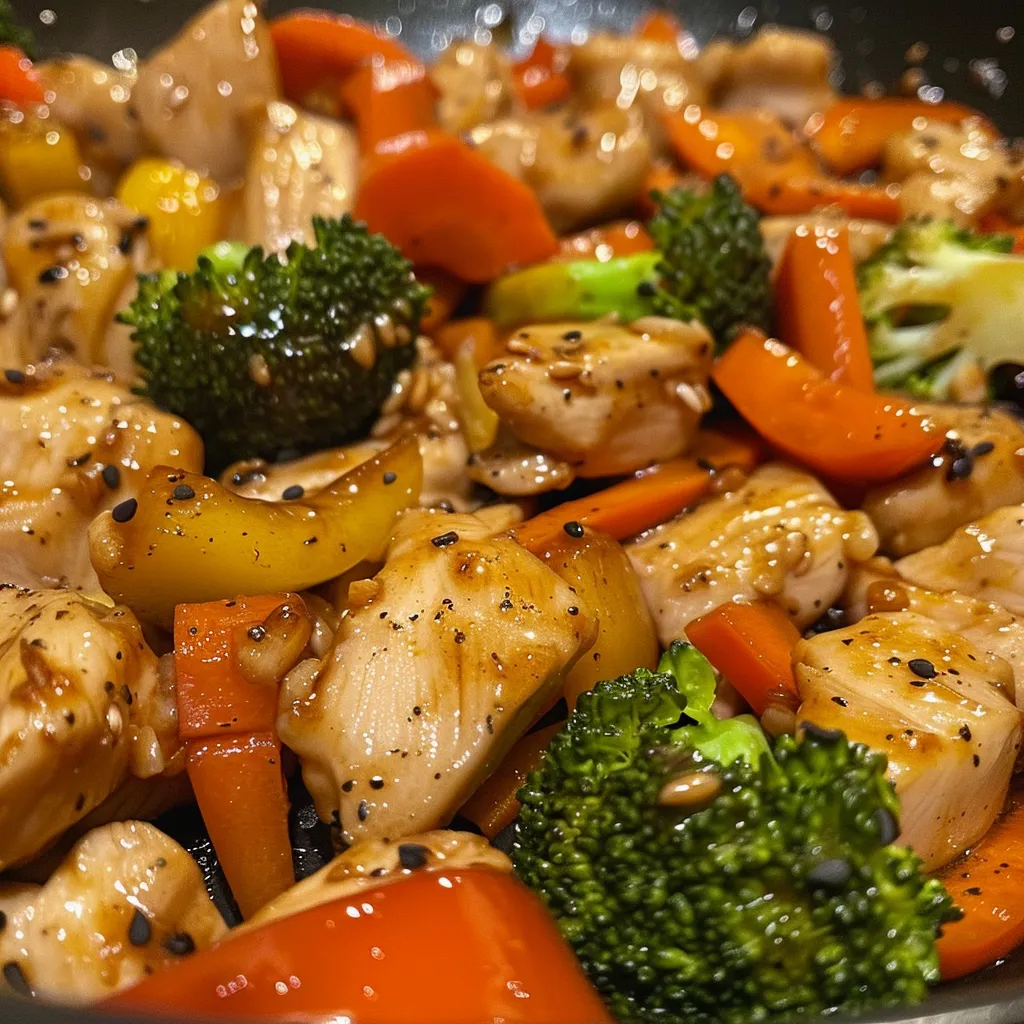 A colorful assortment of stir-fried chicken and vegetables, showcasing a delicious meal.
