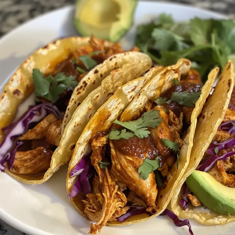 Side view of three colorful tacos filled with chicken, cabbage, and lime wedges.