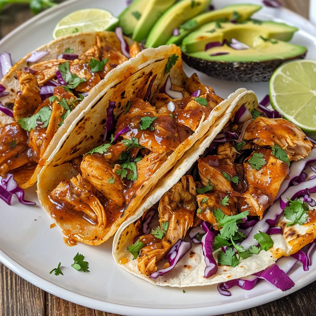 Close-up of colorful tacos with honey chipotle chicken, avocado slices, and lime wedges.