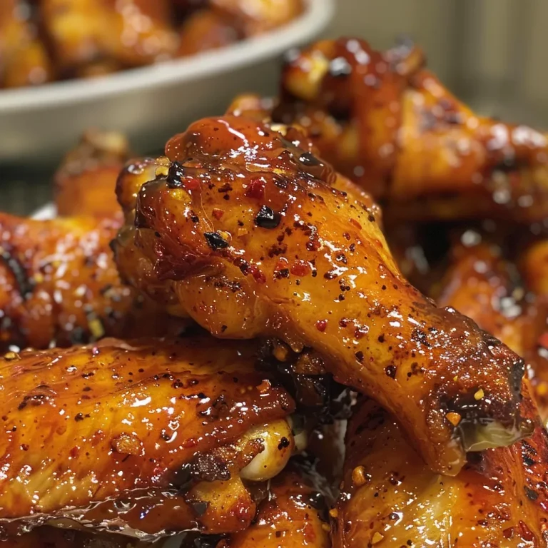 Delicious chicken wings drizzled in a shiny honey garlic sauce, with spices accentuating the look.