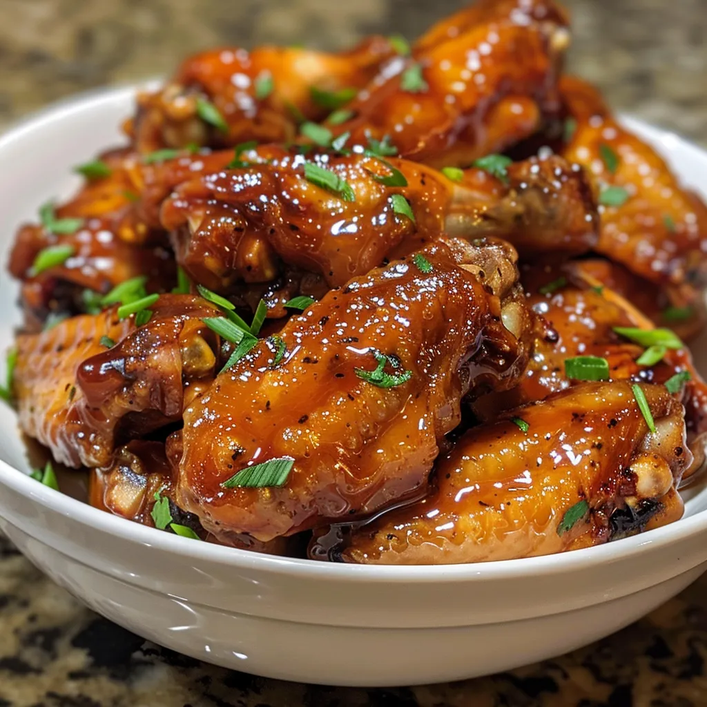 Appetizing chicken wings with a rich honey garlic sauce, served on a plate.