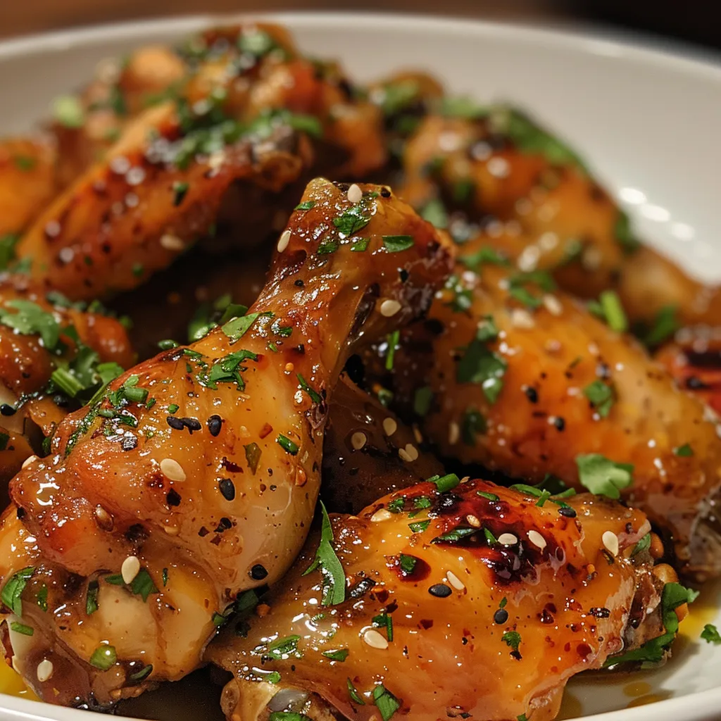 Delicious chicken wings featuring a rich honey garlic sauce, showcasing texture and shine.