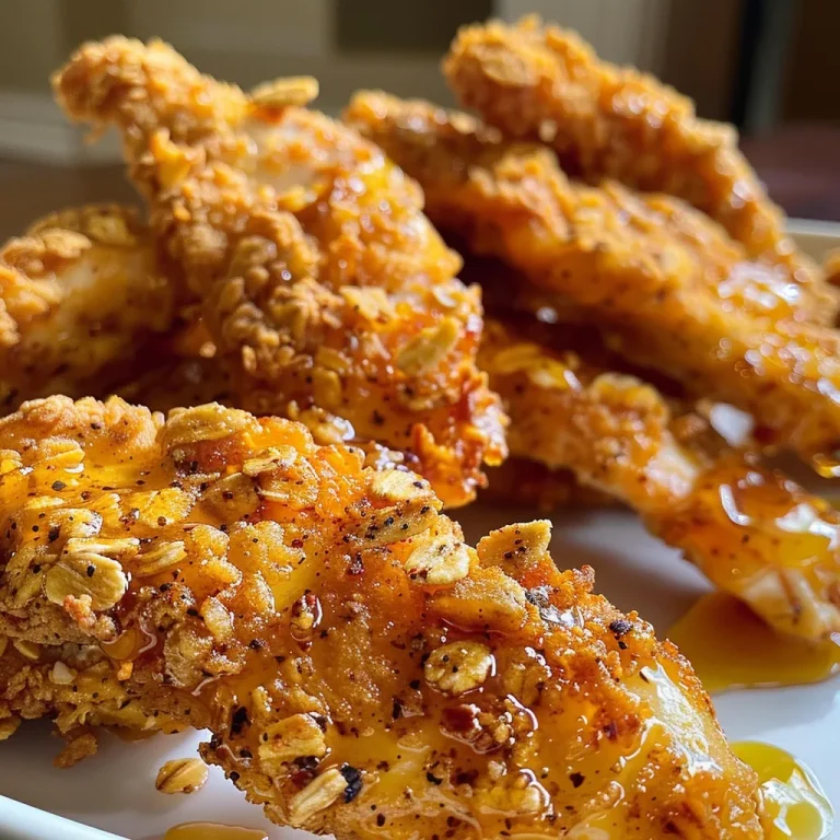 Appetizing photo of deep-fried chicken tenders with a sticky hot honey glaze.