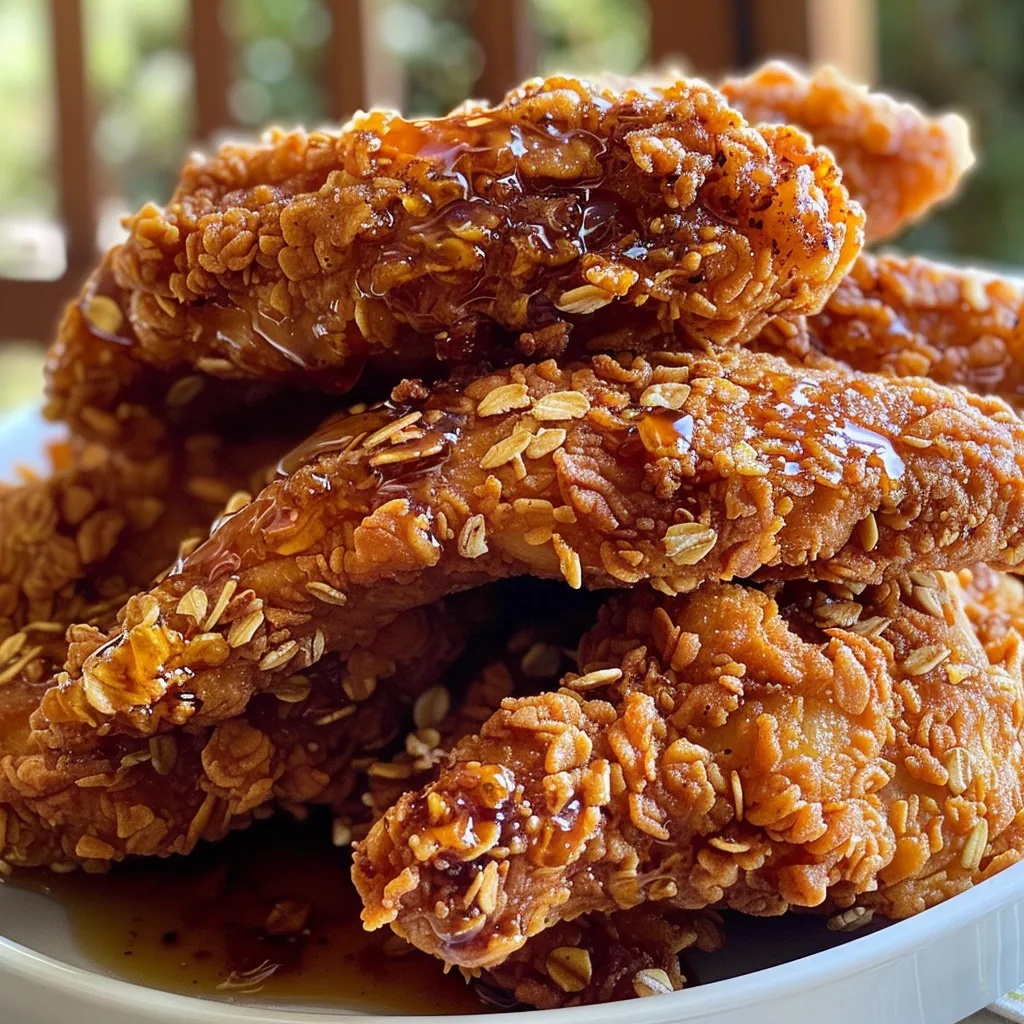 Fried chicken strips coated in a shiny hot honey sauce.