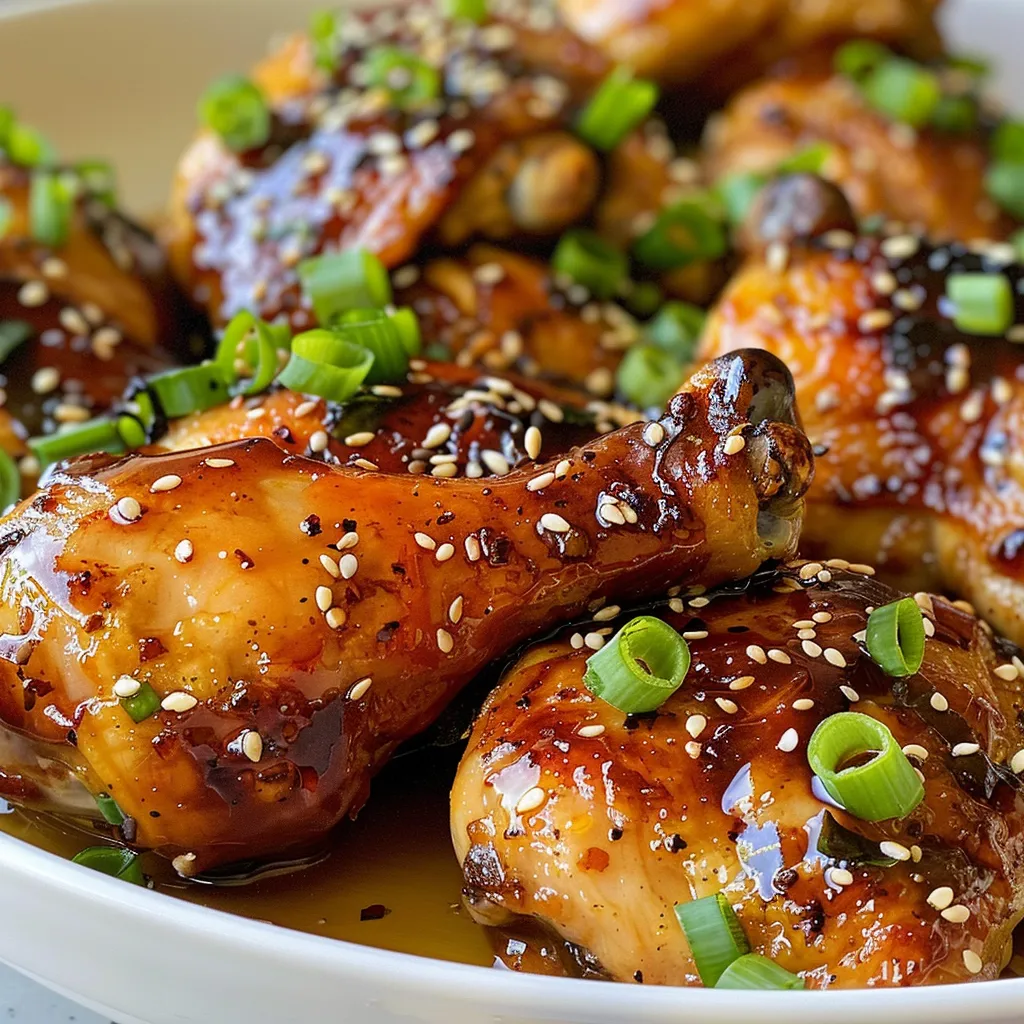 Juicy chicken thighs arranged on a plate, topped with green onions and a drizzle of honey sauce.