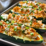Zucchini halves filled with buffalo chicken, cream cheese, and cheddar cheese.