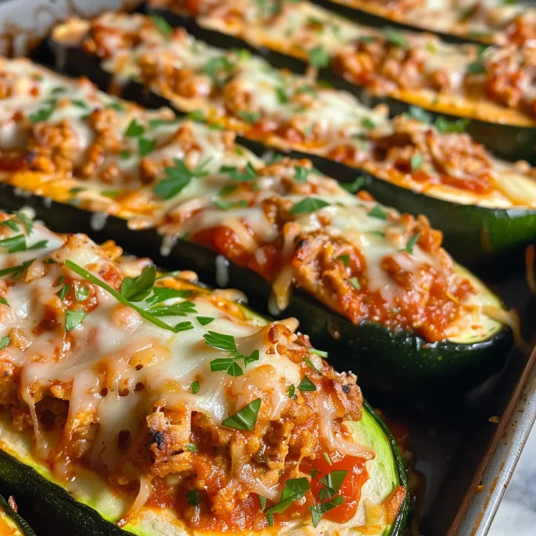Side angle of zucchini boats filled with chicken, cheese, and red sauce.