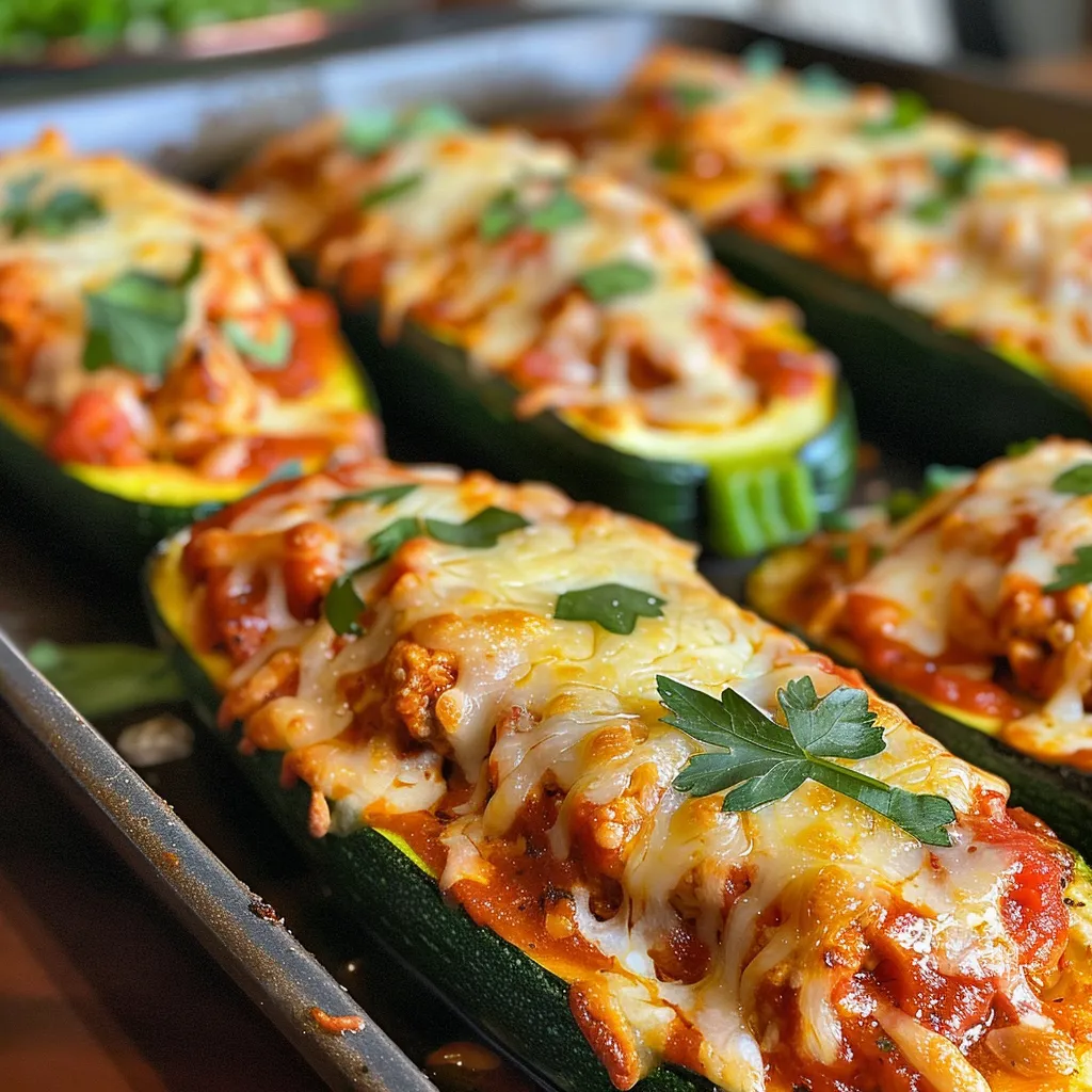 Freshly baked zucchini boats topped with mozzarella and Parmesan cheese.