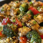 Juicy pieces of chicken stir-fried with fresh veggies in a colorful dish.