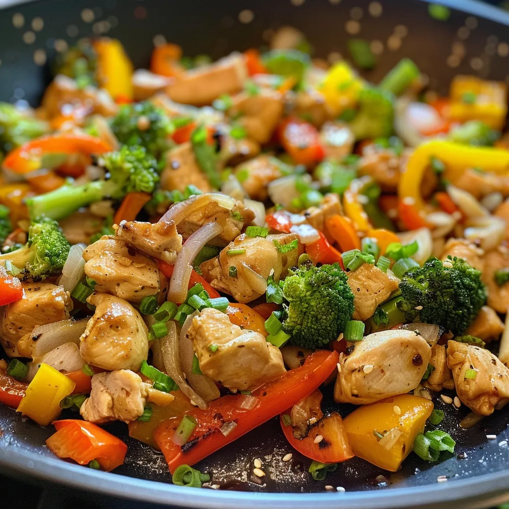Side view of a delicious stir fry with chicken, garlic, and mixed veggies.