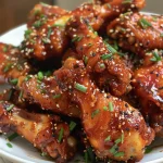 Appetizing Korean BBQ chicken wings with a shiny glaze and spices.