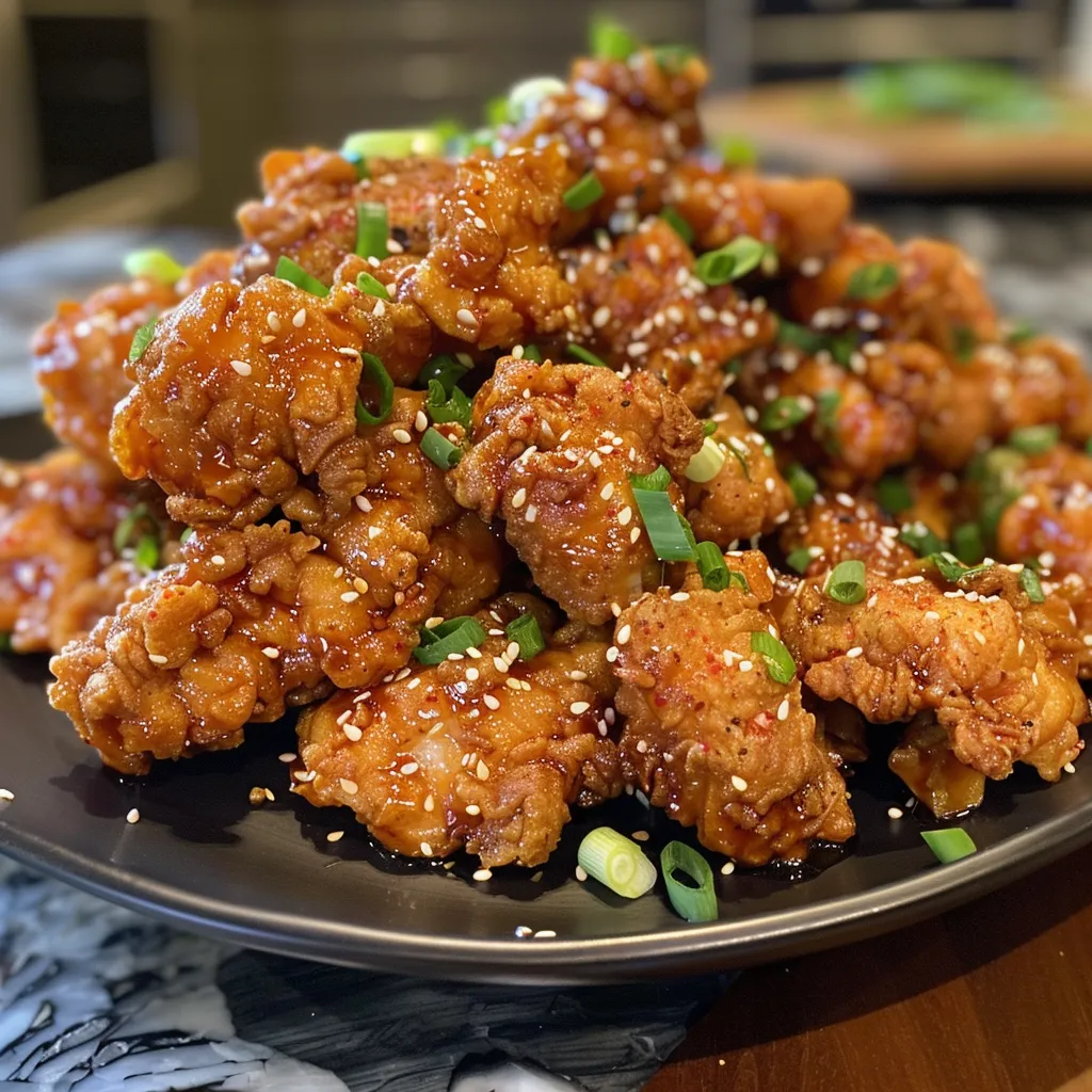 Side view of succulent Korean fried chicken bites with herbs.