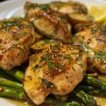 Sliced buttery chicken garnished with fresh dill next to steaming asparagus.