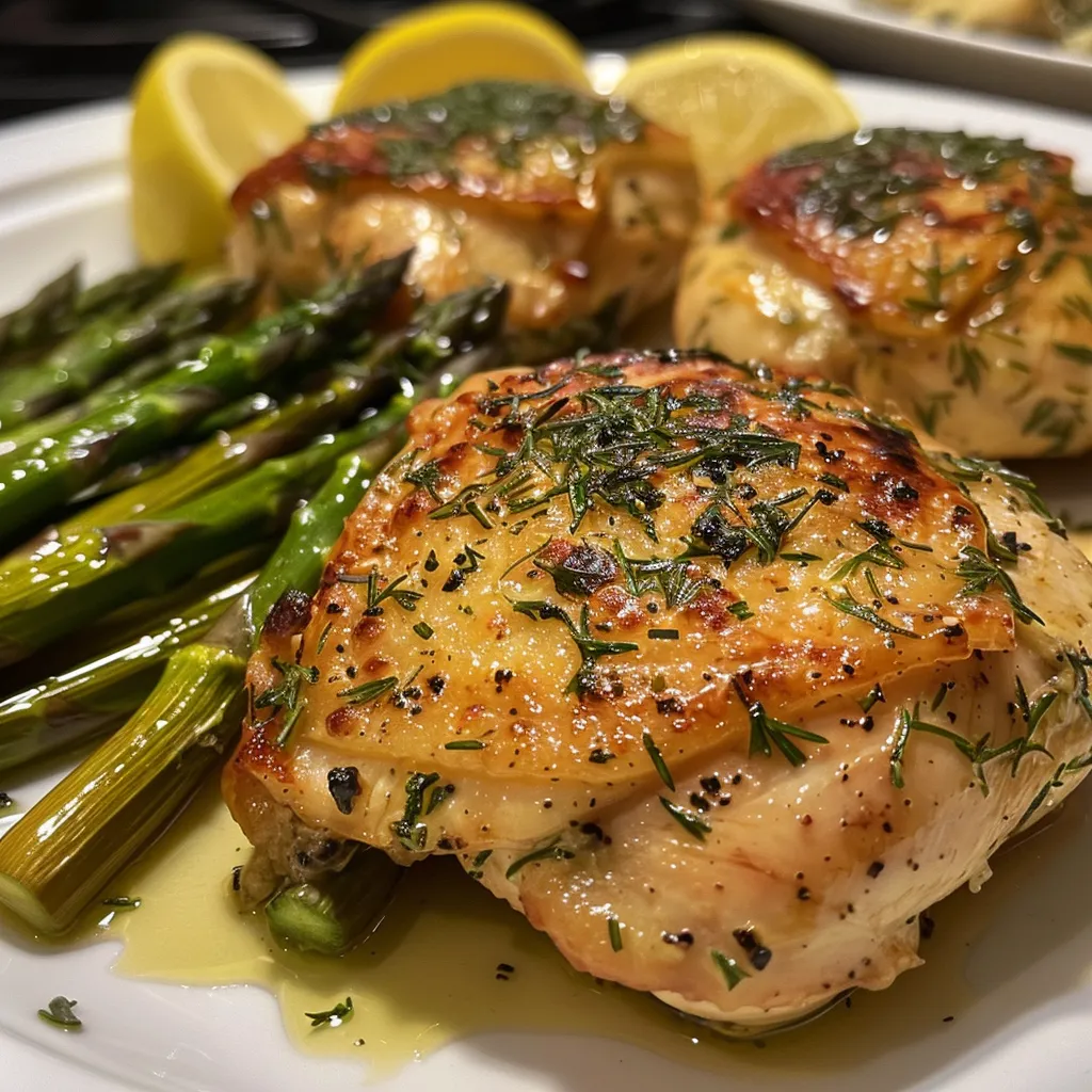 A colorful dish featuring lemon-infused chicken and asparagus, served elegantly.
