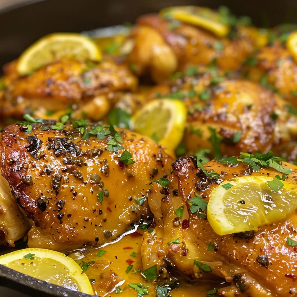 Appetizing side view of lemon butter chicken, showcasing its golden brown crust.