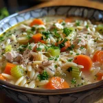 Detailed shot of Lemon Chicken Orzo Soup highlighting fresh herbs and vegetables.