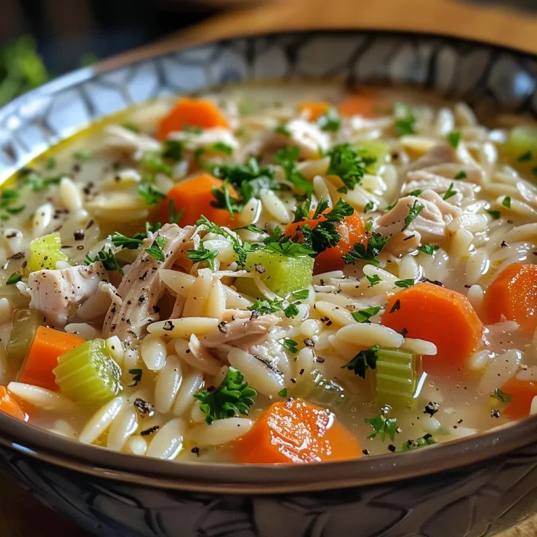 A Taste of Home: Discovering the Heartwarming Comfort of Lemon Chicken Orzo Soup A vibrant Lemon Chicken Orzo Soup with chunks of chicken, carrots, and a sprinkle of parsley on top.