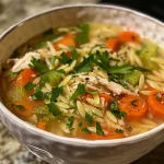 Detailed shot of Lemon Chicken Orzo Soup, highlighting the orzo pasta and fresh ingredients in a rustic bowl.