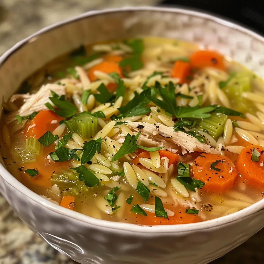 A side angle view of a steaming bowl of Lemon Chicken Orzo Soup, featuring bright carrots, celery, and a squeeze of lemon.