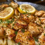 A plate of Lemon Garlic Butter Chicken with creamy linguine, sprinkled with grated Parmesan cheese and parsley.