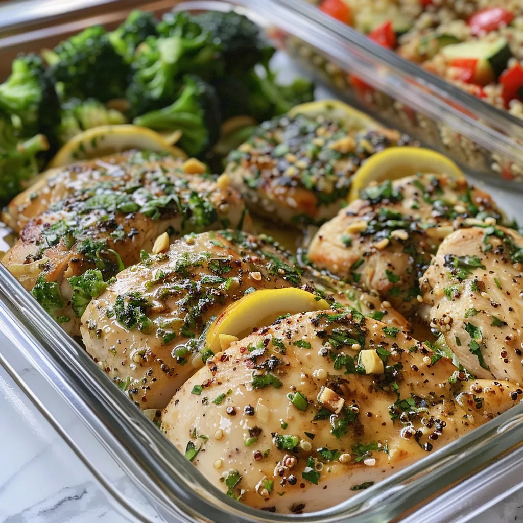 A side view of meal prep featuring succulent chicken, broccoli, and zucchini with lemon garnish.