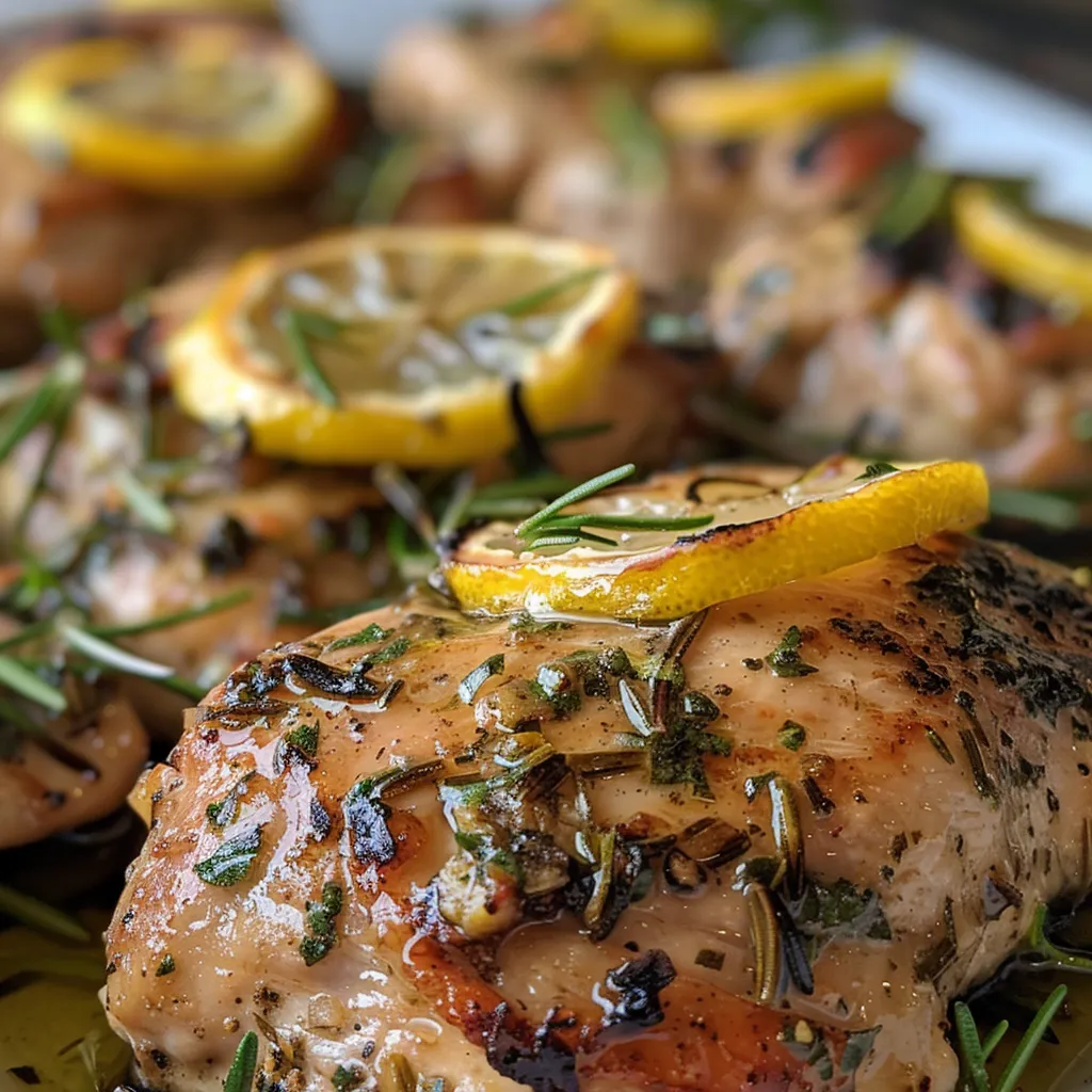 Side view of tender grilled chicken, infused with lemon juice and herbs, ready to serve.