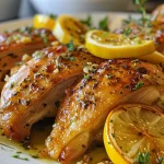 Juicy Lemon Herb Chicken Breast showcased on a plate, highlighting its golden-brown exterior.