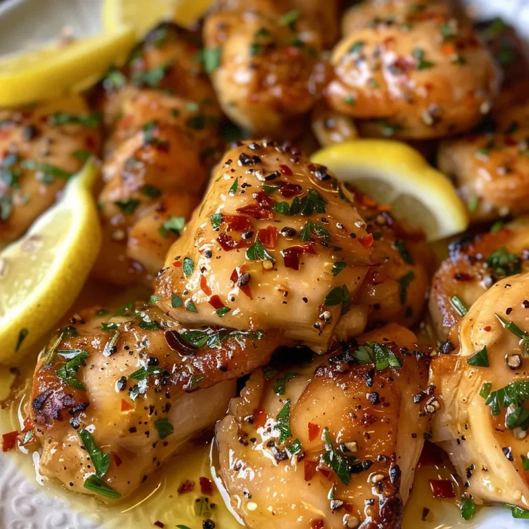 Side view of chicken breast pieces glazed in rich garlic butter, sprinkled with herbs.