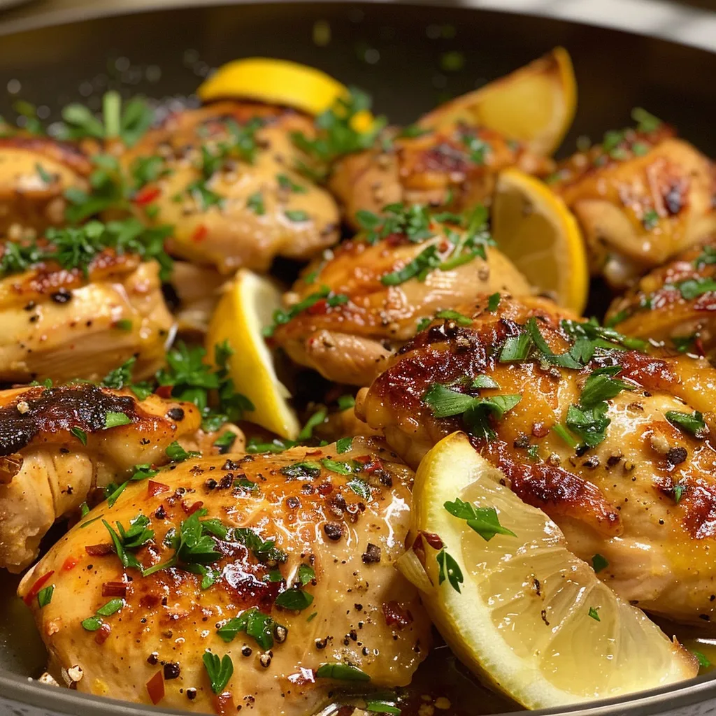 Delicious Lemony Garlic Butter Chicken served in a rustic bowl with lemon slices.