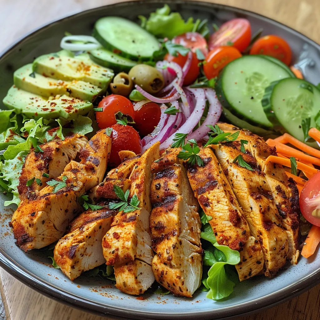 A detailed shot of a Light Chicken Shawarma Salad garnished with tahini dressing, olives, and herbs on a wooden table.