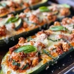 Juicy chicken parmesan zucchini boats with melted cheese and marinara sauce.
