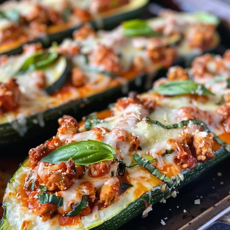 Juicy chicken parmesan zucchini boats with melted cheese and marinara sauce.