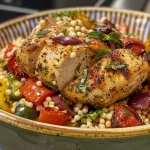 Juicy chicken pieces atop a bed of couscous, accented with cherry tomatoes and olives.