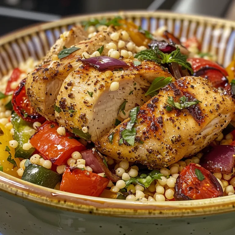 Juicy chicken pieces atop a bed of couscous, accented with cherry tomatoes and olives.