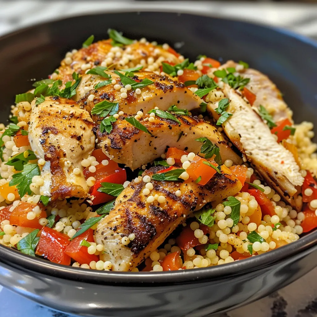 A vibrant Mediterranean bowl with couscous, chicken, and a drizzle of olive oil.